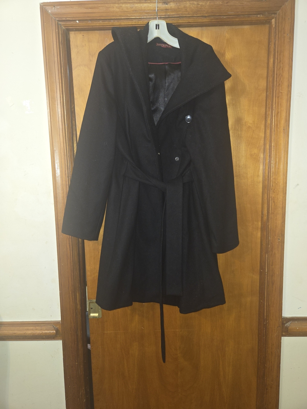 Black Wool-Blend Belted Hooded Coat - Women